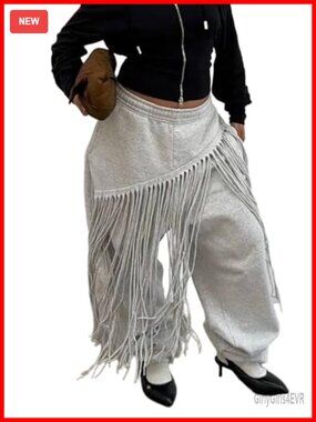 Womens Wide Leg Sweatpants High Waist Baggy Fringe Joggers Pants Tassels